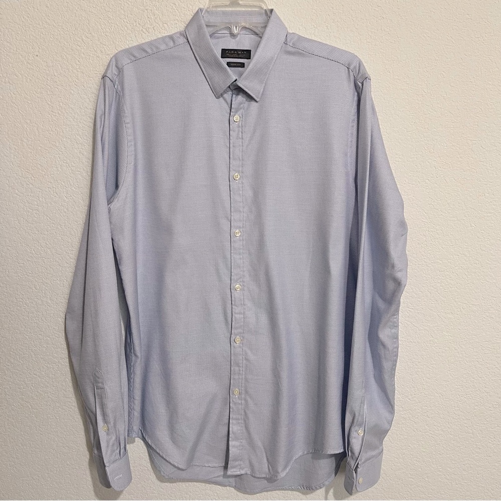 Zara Man Blue & White Micro Check Print Cotton Dress Shirt Slim Fit Medium